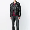design features an off-center leather jacket