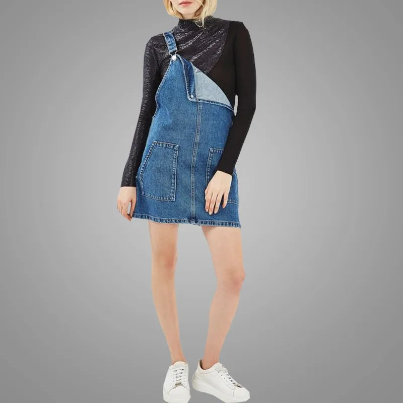 short denim pinafore dress