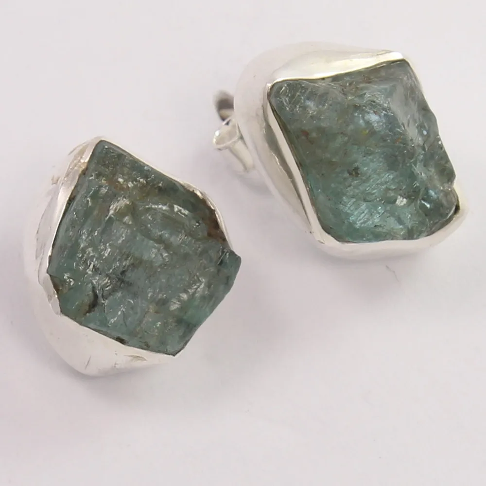 Rough Raw Stone Stud Earrings Natural Apatite Gem Stones 925 Sterling