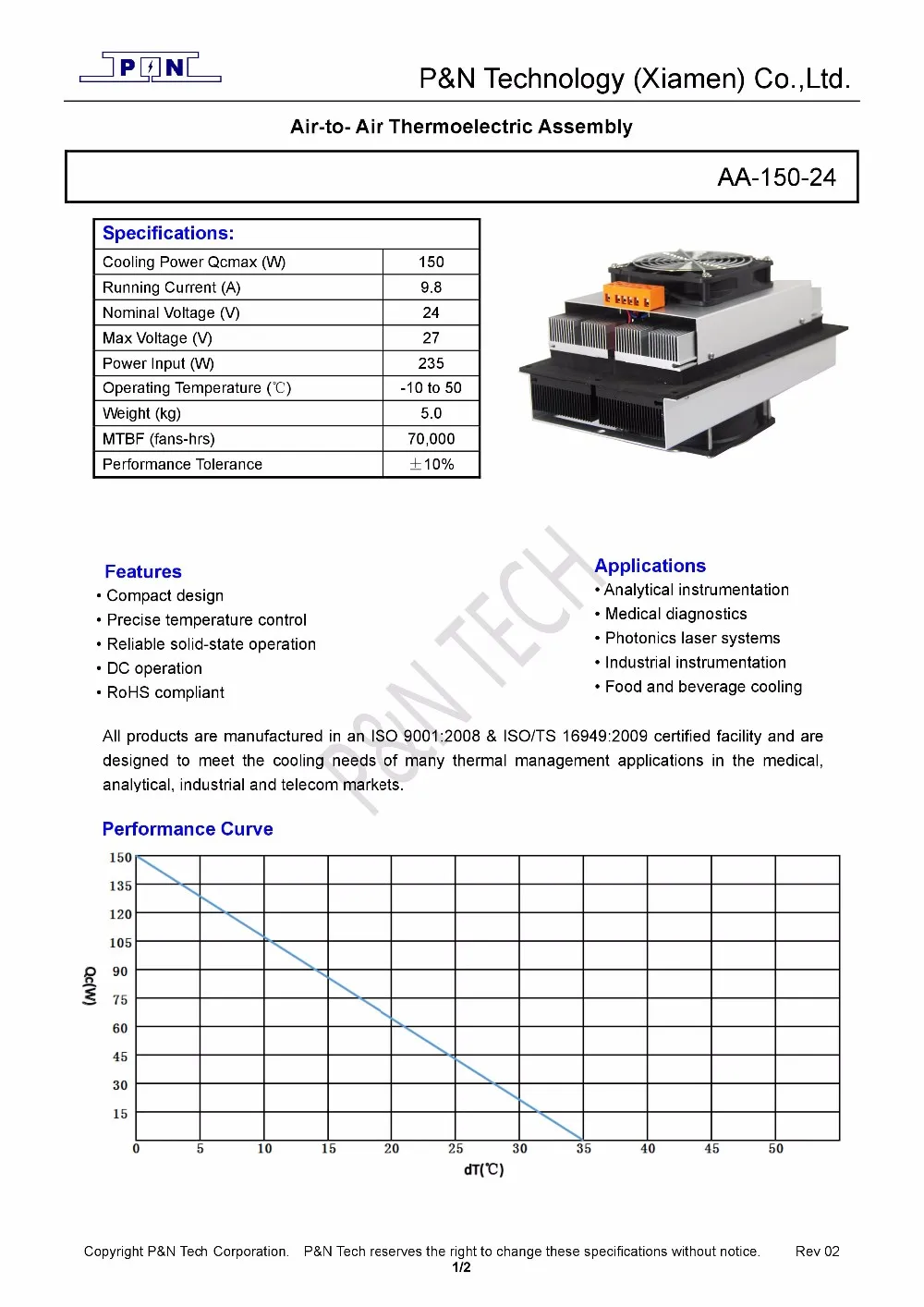 Durable Peltier Cooler 150W 24V industrial air cooler
