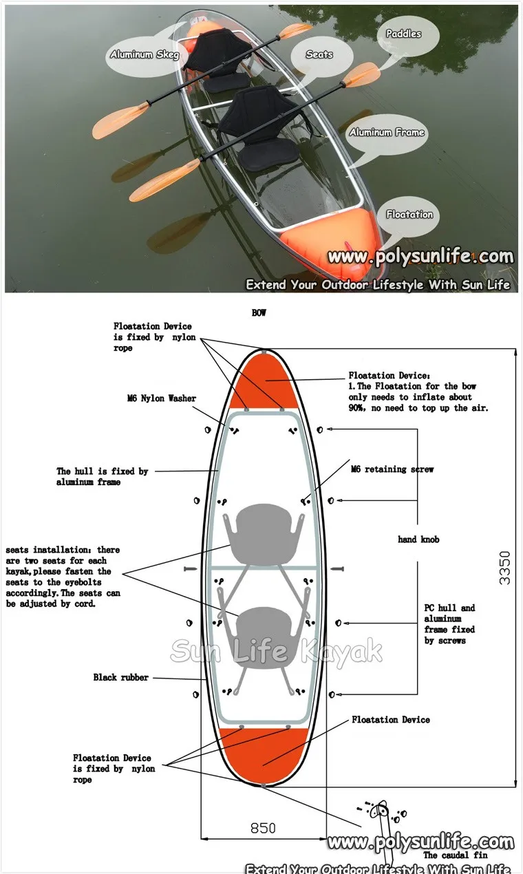 SUN LIFE canoa policarbonato clear plastic boat,glass bottom boat