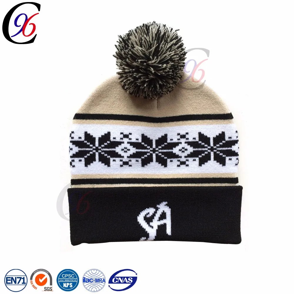 Chengxing custom cheap wholesale crochet babble flag free pom beanie jacquard knitting embroidery patterns football fans hat