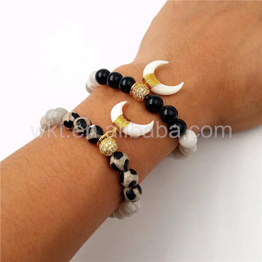 Wtb270 Genuine Natural Crescent Shell Horn Charm Grey Agate Beads