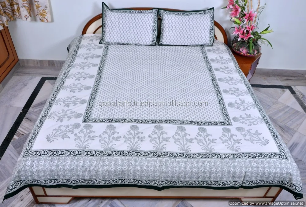 Bohemian Hand Block Printed Bed Cover Floral Queen Size Bedspread