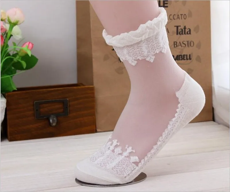 Wholesale White Sexy Lace Sock Wth Boots,Popular Transparent Ankle Silk