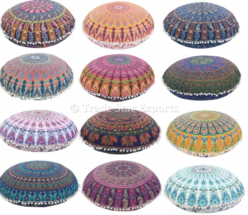 Grand Mandala Tapisserie Oreillers De Plancher Coton Coussin Rond Point Couvr...