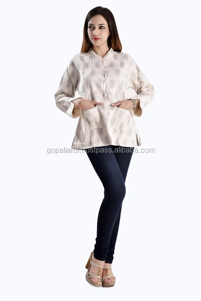 Cotton Women Winter Warm Tree Hand Block Print Coat Blazer Reversible Jacket