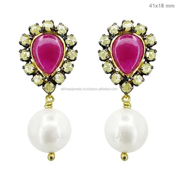 14k Gold Pearl Dangle Earrings 925 Silver Ice Diamond Ruby Gemstone Engagement Designer Jewelry 14k Gold Pearl Dangle Earrings 925 Silver Ice Diamond Ruby Gemstone Engagement Designer Jewelry