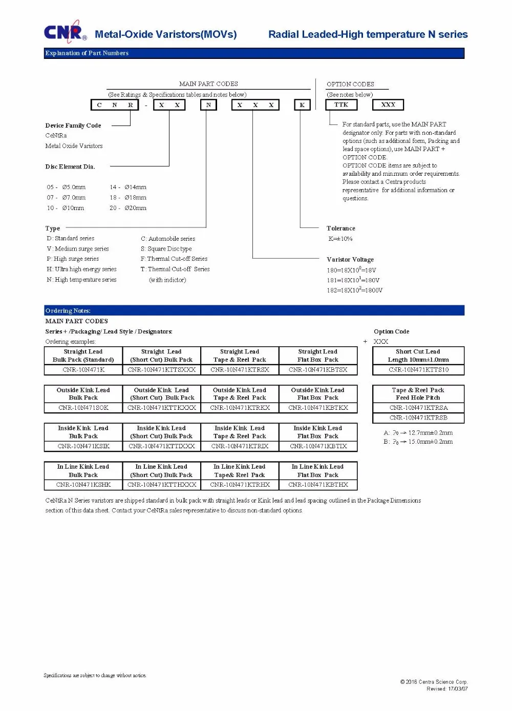 Automotive C Series Mov Metal Oxide Varistors Buy Zov Varistor