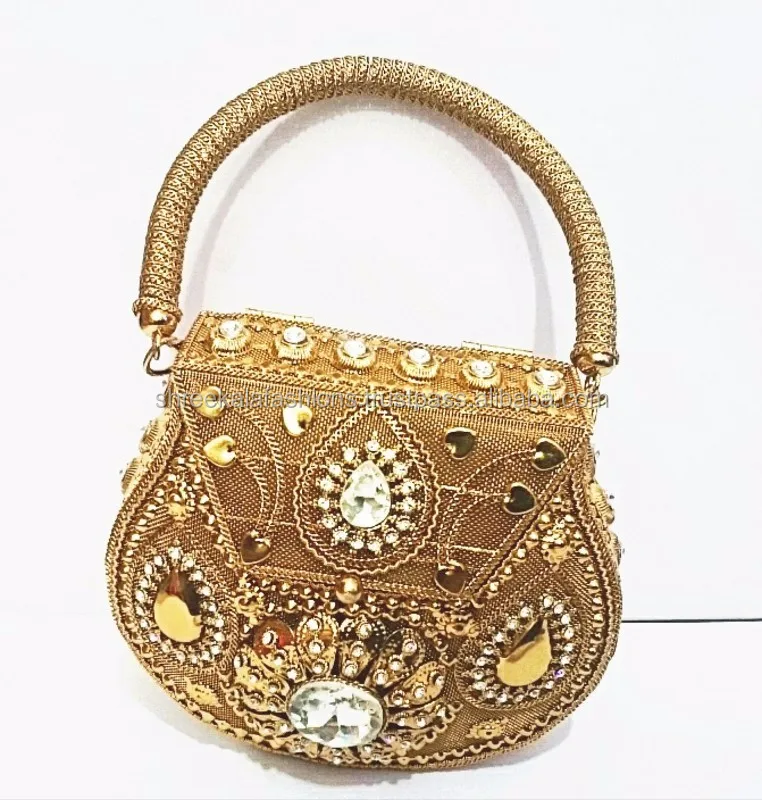 Handmade Metal Clutch Las Golden Handbags With High Quality Stone Handmade Metal Clutch Las Golden Handbags With High Quality Stone Work Bridal Evening Sling