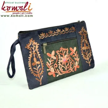 Blue Green Clutch Embroidery Bag Hand Made Split Suede Leather Custom Coin Pouch Small Pouches