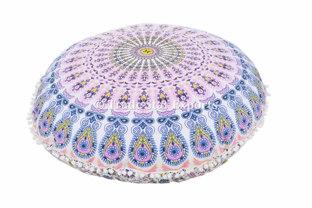 Blue Decorative Floor Cushion Pillow Mandala Cover Indian Peacock Round Pillow
