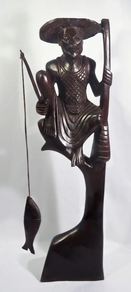 24 Inch Wooden Fisherman Statue Sculpture Figurine For 