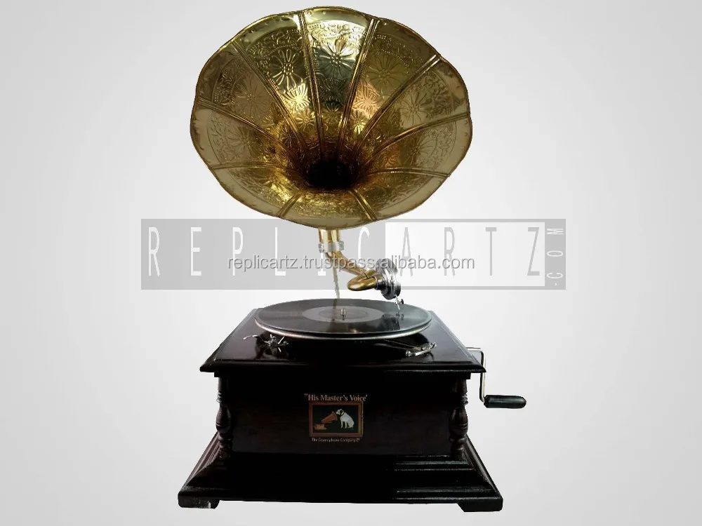 Replica Gramophone Player 78 rpm Round phonograph Brass Horn HMV Vintage Wind up