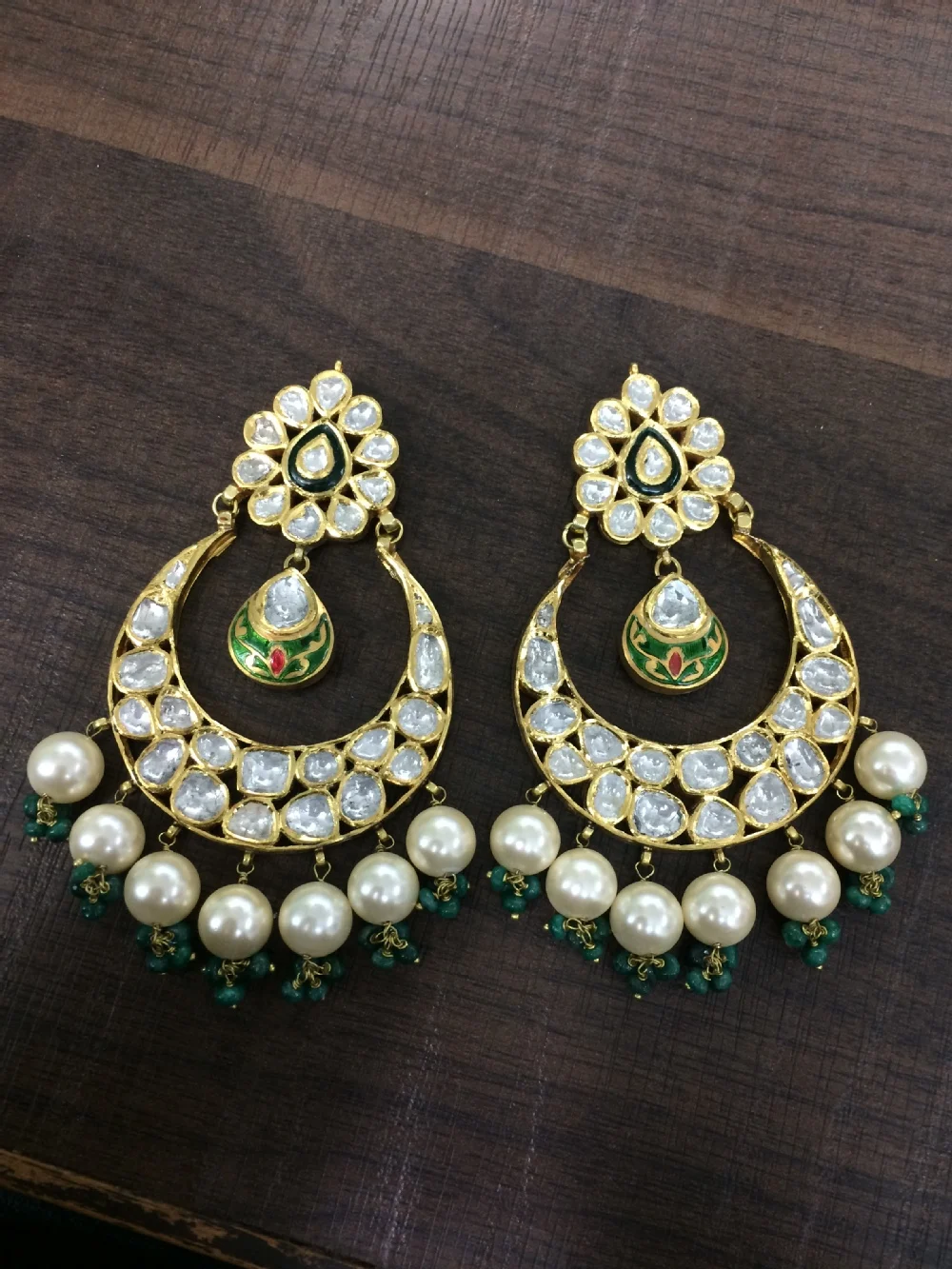 22k Gold Diamond Polki Designer Kundan Danglers With Pearl Dropings 22k Gold Diamond Polki Designer Kundan Danglers With Pearl Dropings