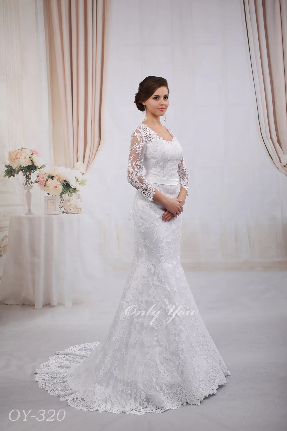 Luxury Mermaid Gaun  Pengantin  French Lace 3 4 Panjang 