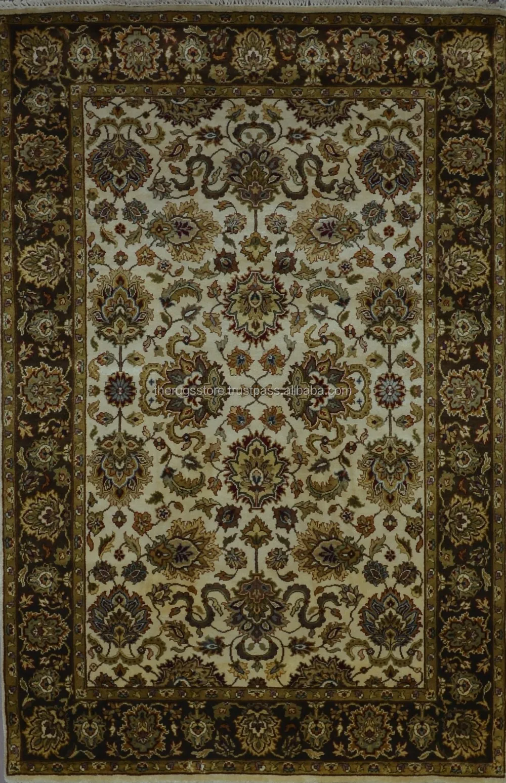 Indian Rugs Hand Knotted Ivory & Brown Color 100 Pure Silk O53 Tabriz