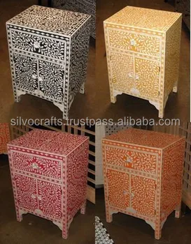 Indian Moroccan Style Camel Bone Inlay Bedside Cabinet Furniture