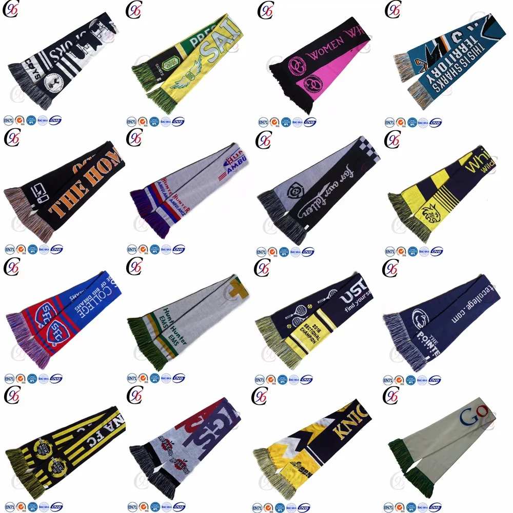 Chengxing custom wholesale fashion soccer football fan sports crochet jacquard spandex woven knitted acrylic football scarf