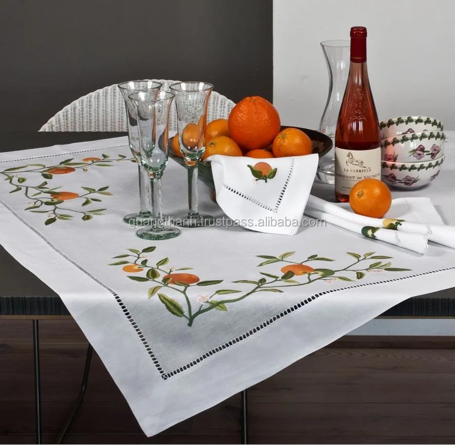 Hand Embroidery Square Table Cloth Embroidery With Hemstitch Orange