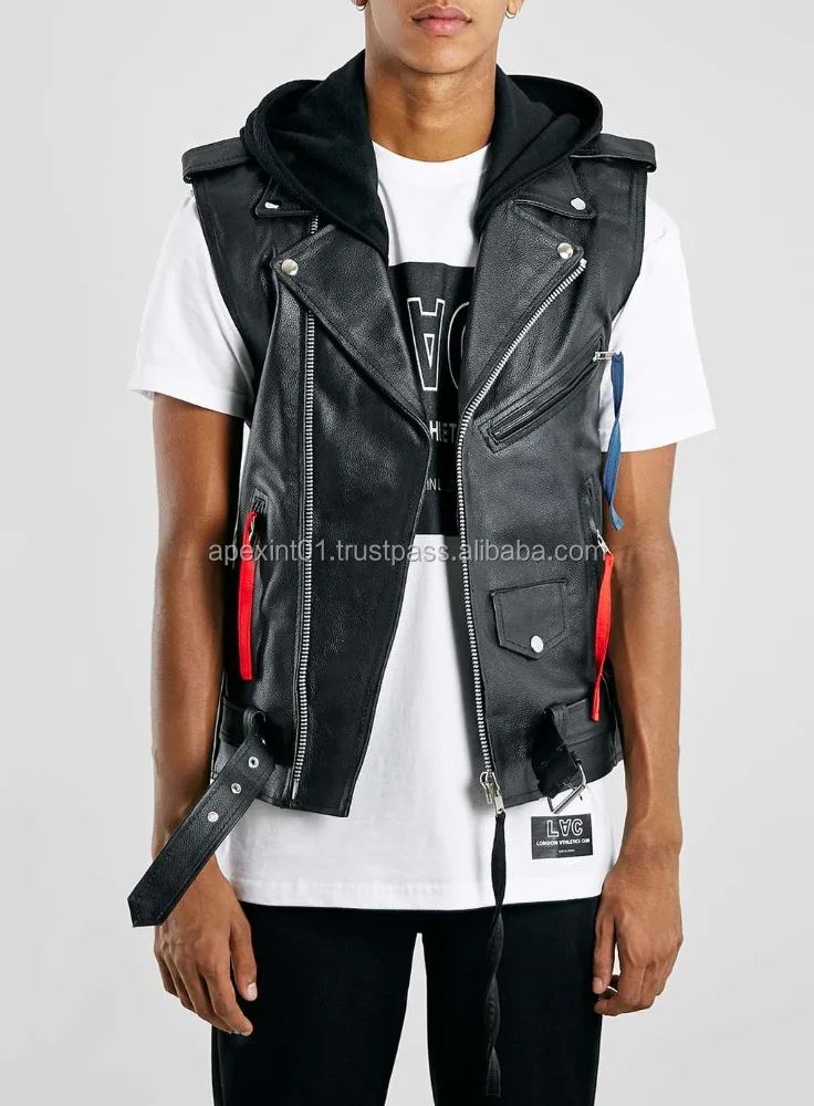 sleeveless leather jacket with hood