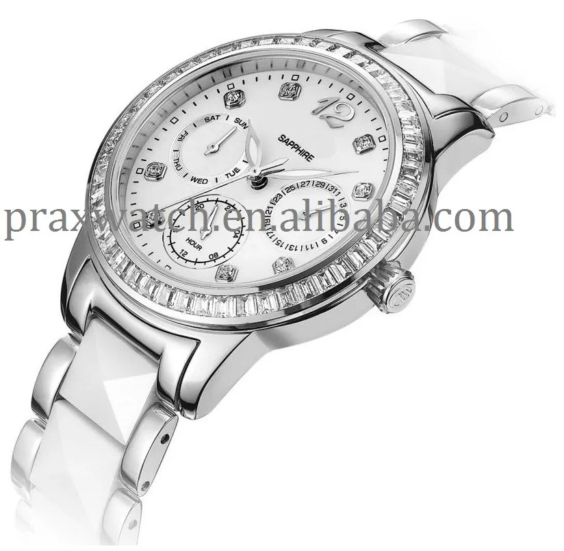 Ladies Ceramic Diamond Watch Stainless Steel Case Back 3atm Water