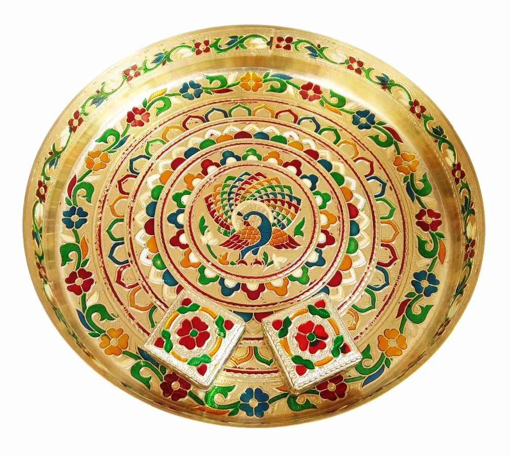 Peacock Designed Brass Meenakari Decorative Plate/ Puja Thaligolden