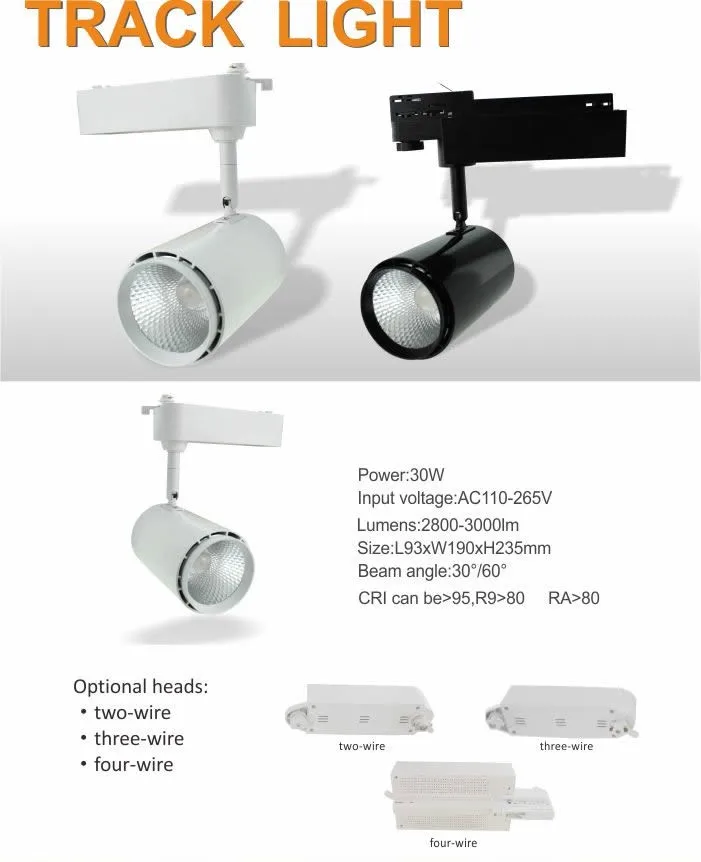 CE approved 3wire/4wire white or black 30w led rail track spot lights