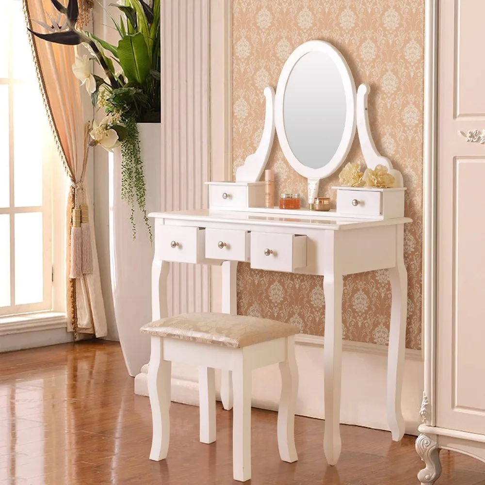 White Vanity Makeup Dressing Table Set Stool 5 Drawermirror Jewelry Wood Desk Buy Makeup Dressing Table