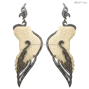Carved Bone Earrings 925 Sterling Silver Pave Diamond Long Gemstone Carved Bone Earrings 925 Sterling Silver Pave Diamond Long Gemstone Angel Wings Dangle Designer Jewelry