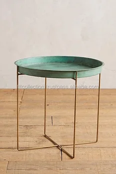 Gold Iron Side Table With Green Antique Tray On Metal Stool Gold Iron Side Table With Green Antique Tray On Metal Stool Vintage Coffee