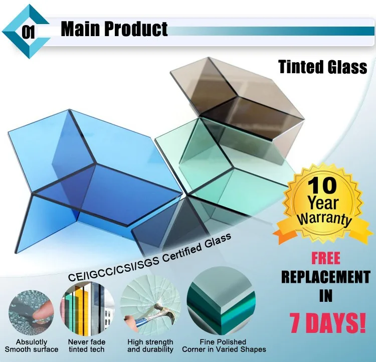 Custom Size 5mm 6mm 8mm Blue Tinted Reflective Tempered Glass Sheet