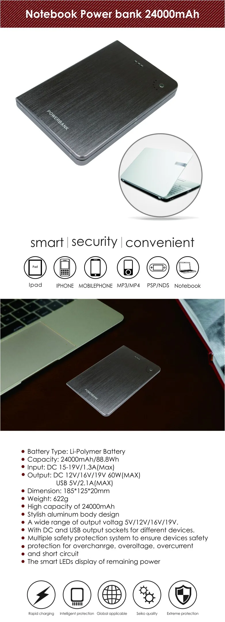 High Capacity And Good Quality 24000mah Laptop Power Bank For Acer