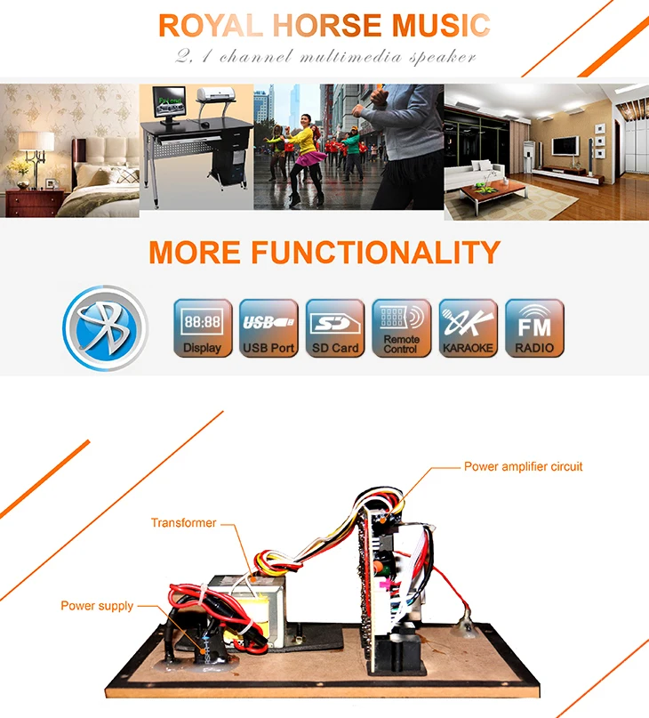 RHM hot sales 2.1 multimedia active speaker with USB SD FM display remote