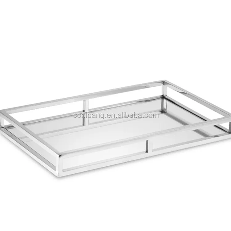 Luxury Brass Glass Rectangular Mirrored Serving Tray With Metal Frames