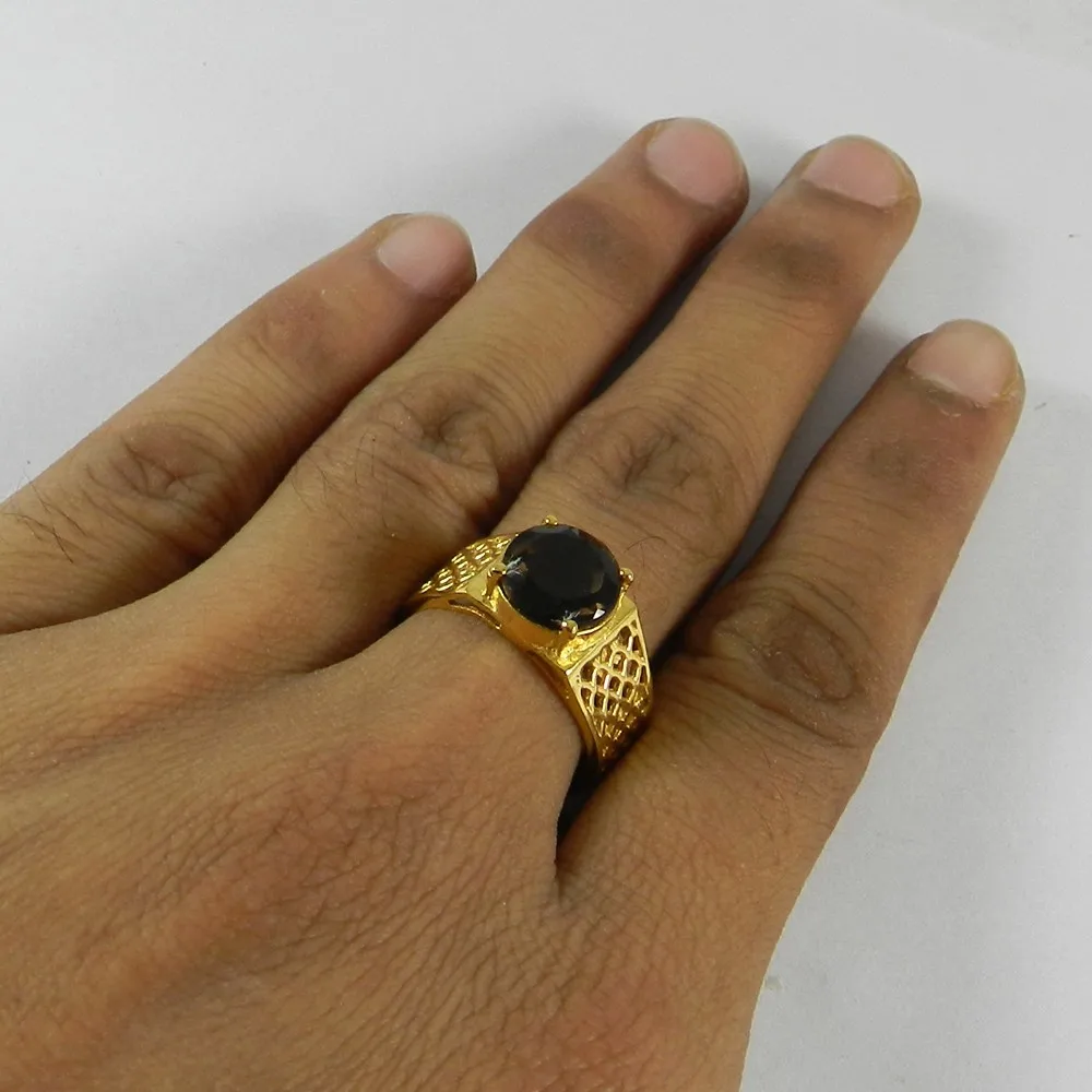 Saher Ring 18k Gold Plated Brass Ring Smoky Quartz Hydro Gemstone Prong Set Ring