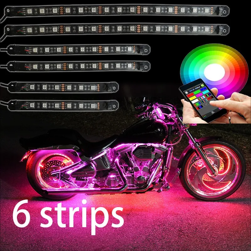 NEW 6 PCS super bright 5050SMD 12V Motorcycle Flashing LED RGB Frame Light Strip kit For APP Blue-tooth controller
