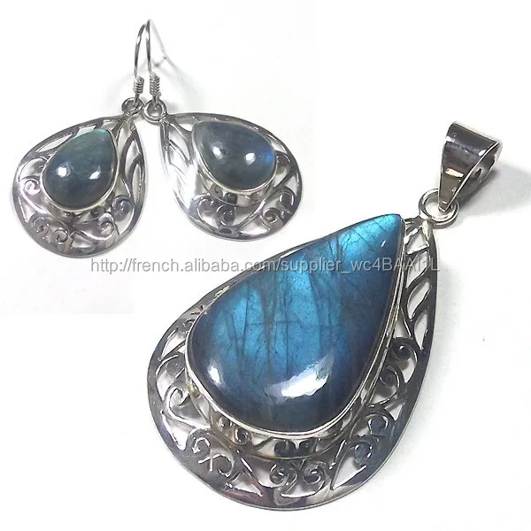 Gros bijoux en argent 925 pierre naturelle ensemble de bijoux bleu feu