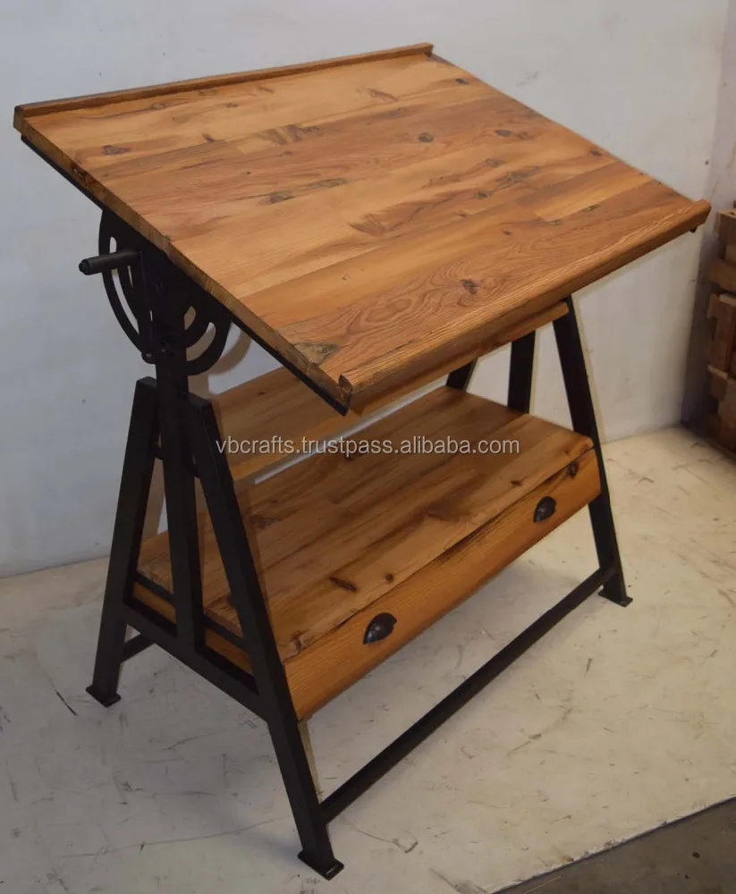 Industrial Vintage Draft Table With Drawer Reclaimed Railway