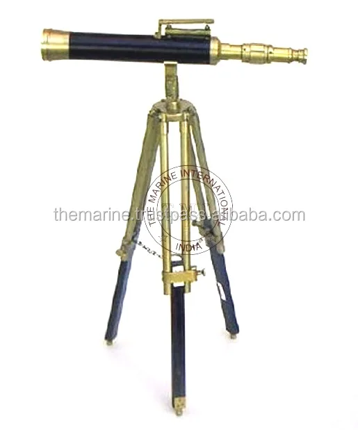Collectible Nautical Vintage Brass Telescope Brown Wooden Tripod Collectible