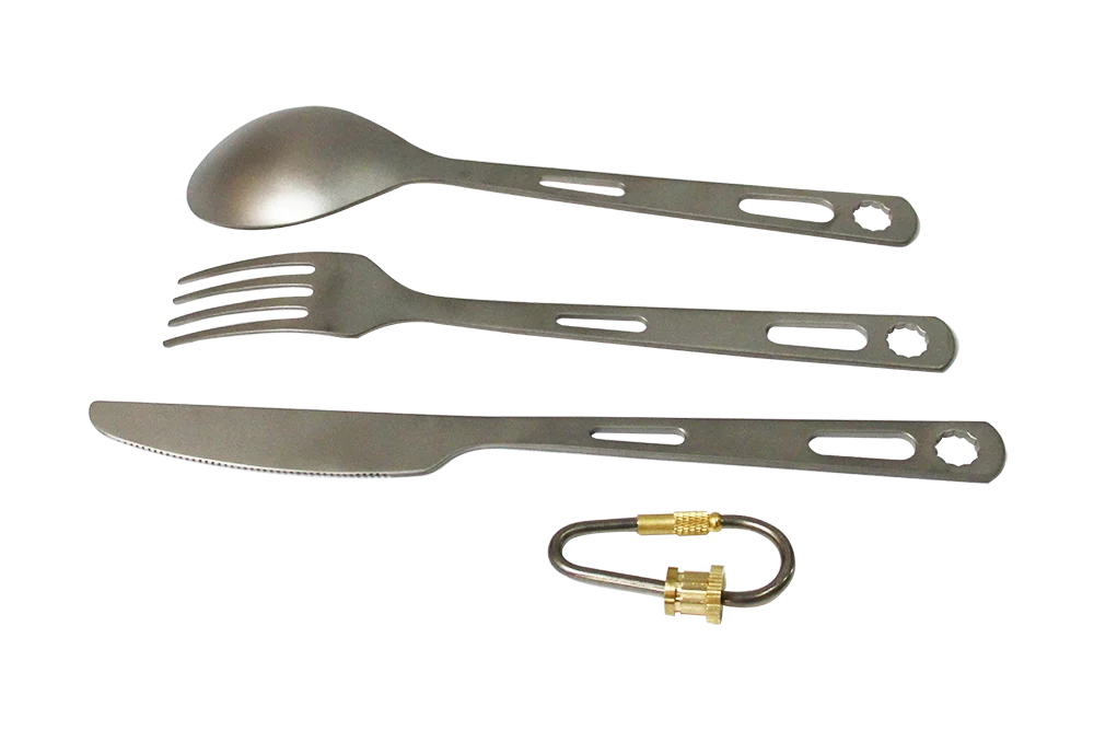 Camping Hiking Lightweight 3 Pcs Titanium Cutlery Set With Copper Hook