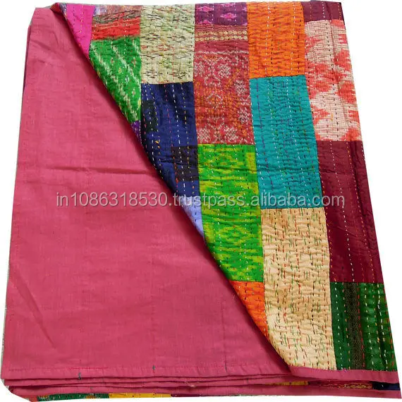 Handmade Indian Sari Vintage Kantha Ralli Throw Twin Size Patchwork Cotton Quilt
