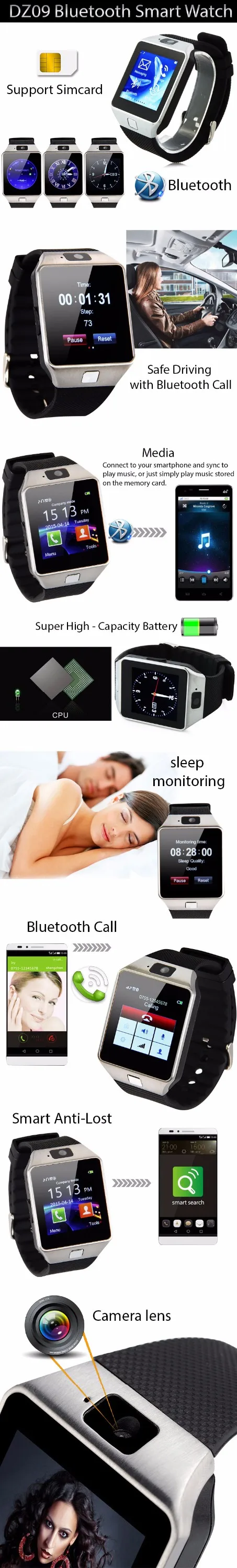 Montre Telephone Bluetooth CE ROHS Smart Watch Smartwatch 2016 DZ09 Smart Watch Phone