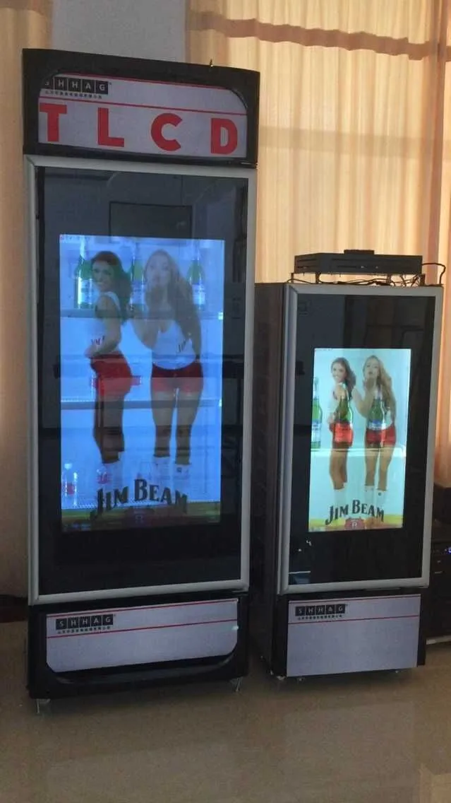 Upright showcase transparent LCD glass door/play video advertisement on the door