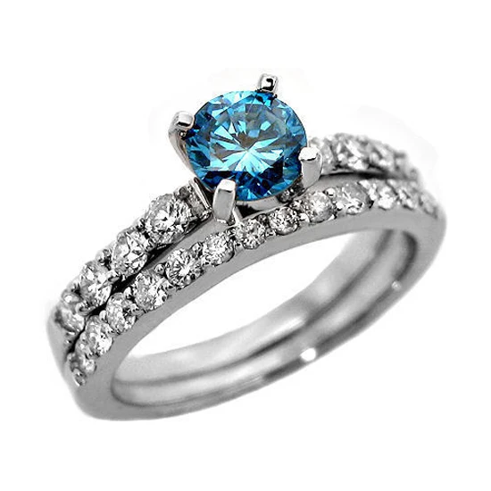 Real Natural 1.50ct Blue Diamond Wedding Ring With Matching