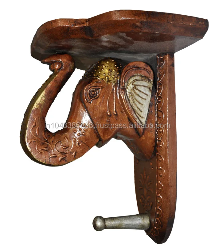 Ethnic Indian Wooden Handicraft Traditional Hand Carved Painted Ethnic Indian Wooden Handicraft Traditional Hand Carved Painted Elephant Shape Wall Shelf Hanging