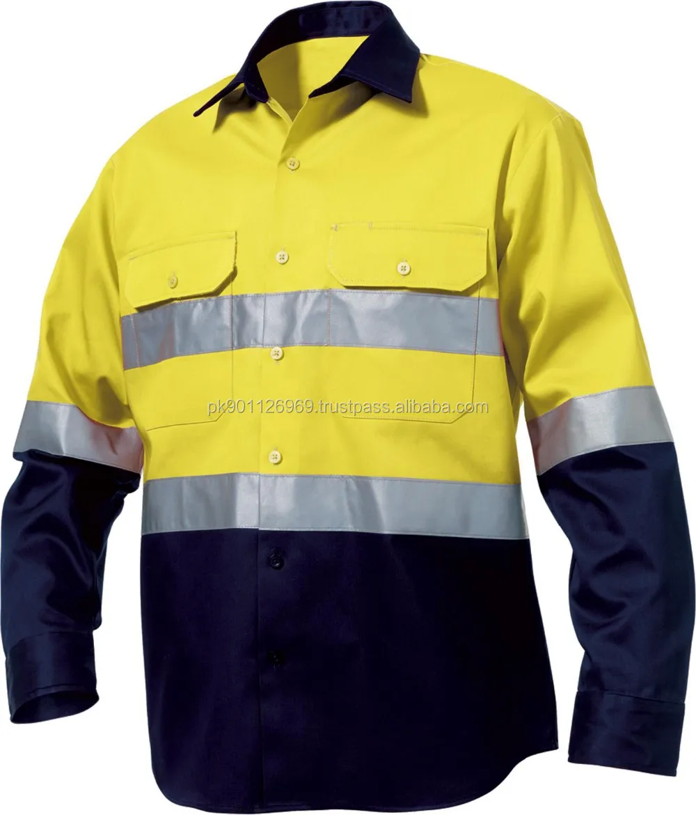 Hi-vis Long Sleeve Two Tone Cotton Work Shirt With Reflective Tape