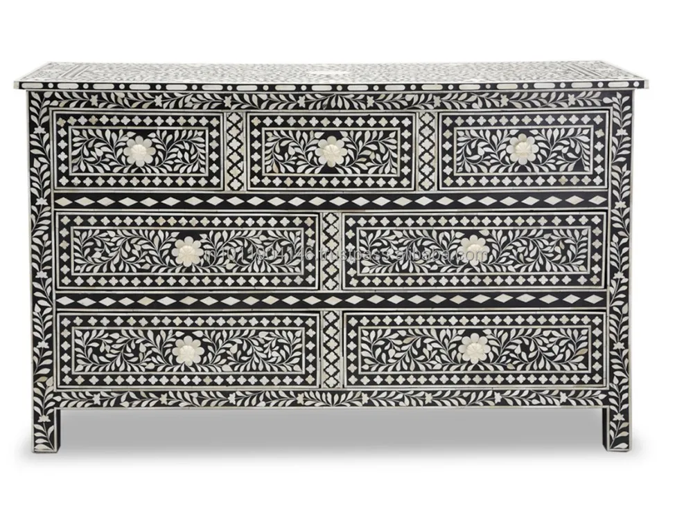 Wooden Mother Of Pearl Inlay Chest Drawers Bone