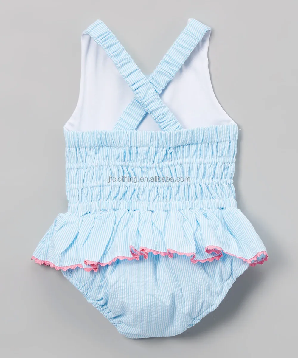 Fully Lined Striped Baby Girl Fish Appliqued Swimsuit Seersucker ...