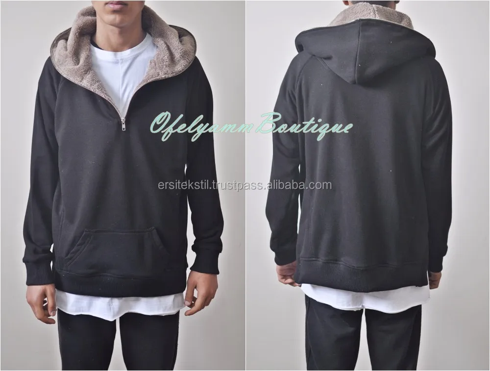 Sherpa Furry Hood Oversized Men's Front Half Ykk Zipper Hoodie / Bm